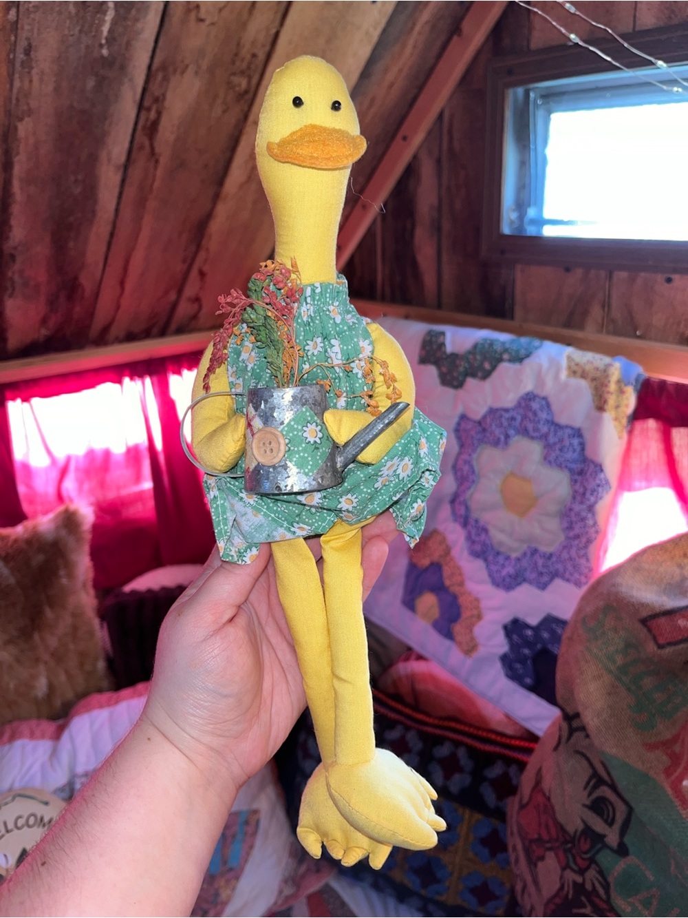 Handmade Yellow Duck Plush with Floral Dress and Mini Watering Can